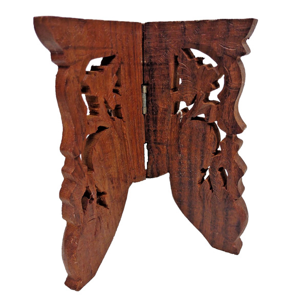 Vintage Detailed Hand Carved Wood 3 Leg Folding Stand India Scroll Work Hinged - Picture 8 of 8